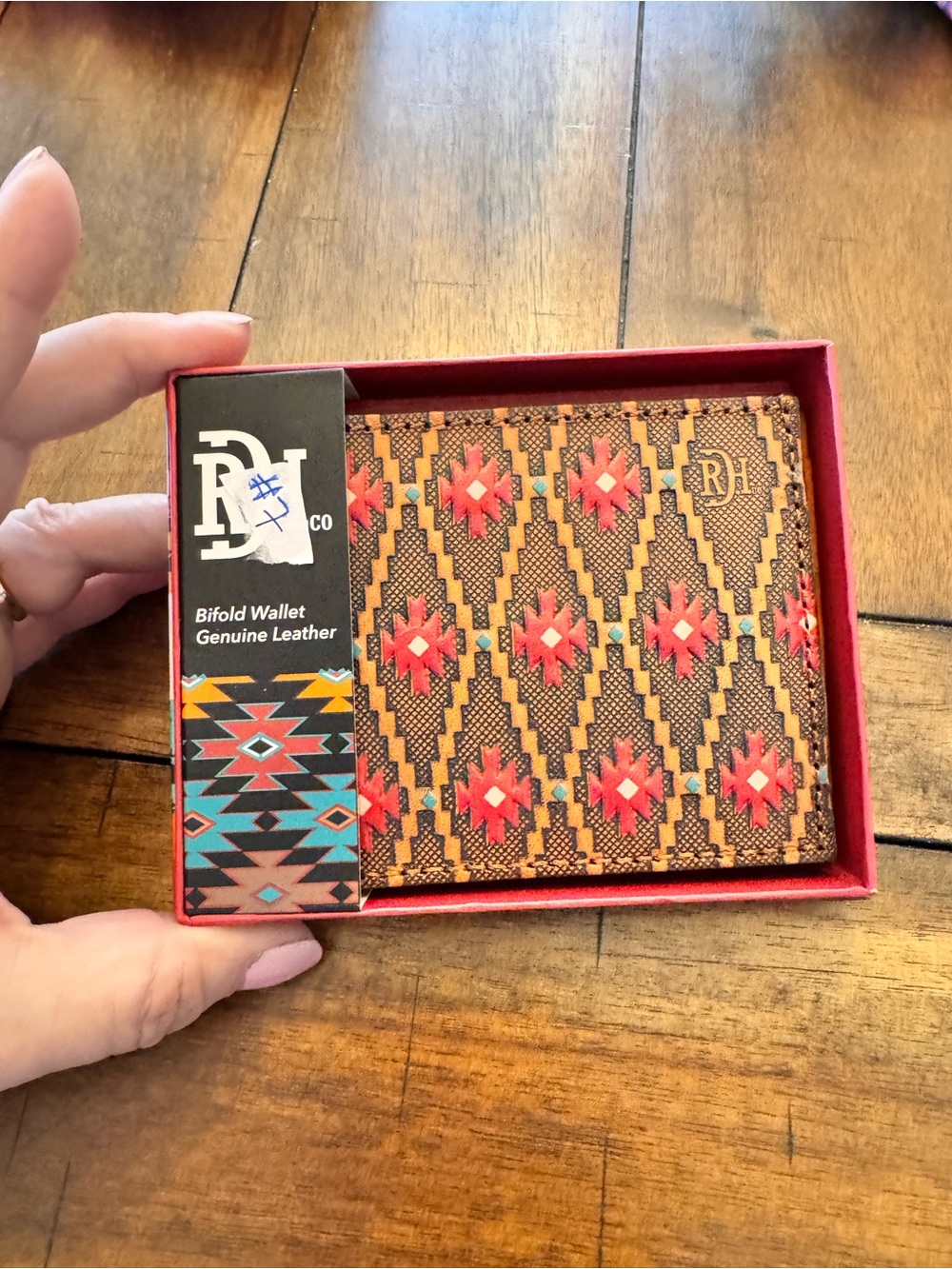 New Patterned Leather Bifold Wallet - Pink & Brown